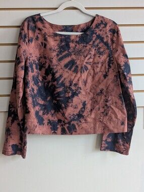 New linen Cotton Tie-Dye Long Sleeve Crop Top - Rust/Black Size Small